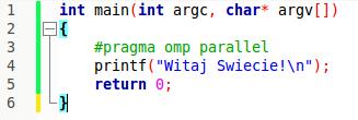 Najprostszy program jaki można napisać z wykorzystaniem OpenMP może wyglądać następująco: Listing 1. Pierwszy, najprostszy program z wykorzystaniem OpenMP. Źródło: Opracowanie własne.