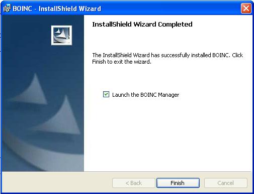 Pozostawiamy zaznaczone Launch the BOINC Manager i naciskamy Finish.