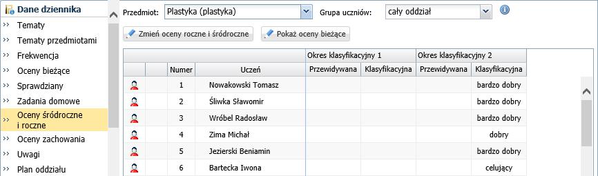 W polu Przedmiot wybierz pierwszy przedmiot z listy i kliknij przycisk Zmień oceny roczne i śródroczne. W oknie Zmień oceny roczne wprowadź oceny uczniów i kliknij przycisk Zapisz.