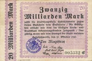 Następne trzy bony z datą 17.10.1923 opiewają na 10, 20 i 50 miliardów marek i stanowią kolejną serię o ujednoliconej grafice.