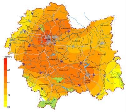 Mapy. Rozkład stężeń średniorocznych wybranych zanieczyszczeń dla województwa małopolskiego w 2012 roku (źródło: PMŚ/WIOŚ Kraków 5 ) Pył PM10 Benzo(a)piren w pyle