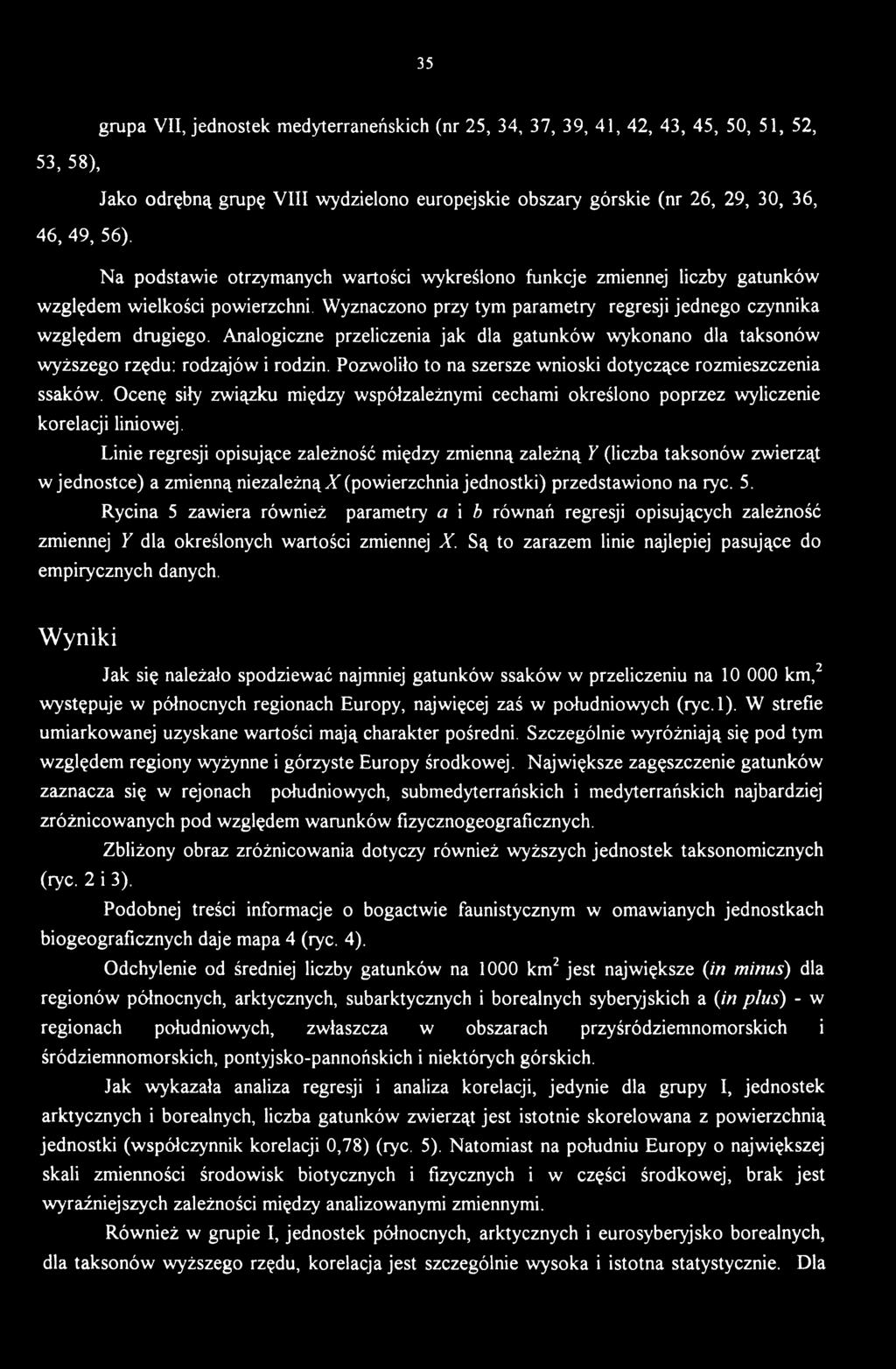 Linie regresji opisujące zależność między zmienną zależną Y (liczba taksonów zwierząt w jednostce) a zmienną niezależną X (powierzchnia jednostki) przedstawiono na ryc. 5.
