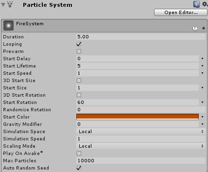 Żeby stworzyć realistyczny obraz ognia należy w oknie Inspector na zakładce Particle System wprowadzić następujące