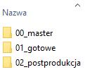 Struktura katalogów w ramach sesji fotograficznej W ramach każdej sesji można utworzyć trzy katalogi: 00_master 01_gotowe 02_postprodukcja Katalog master zawiera pliki pobrane wprost z urządzenia.