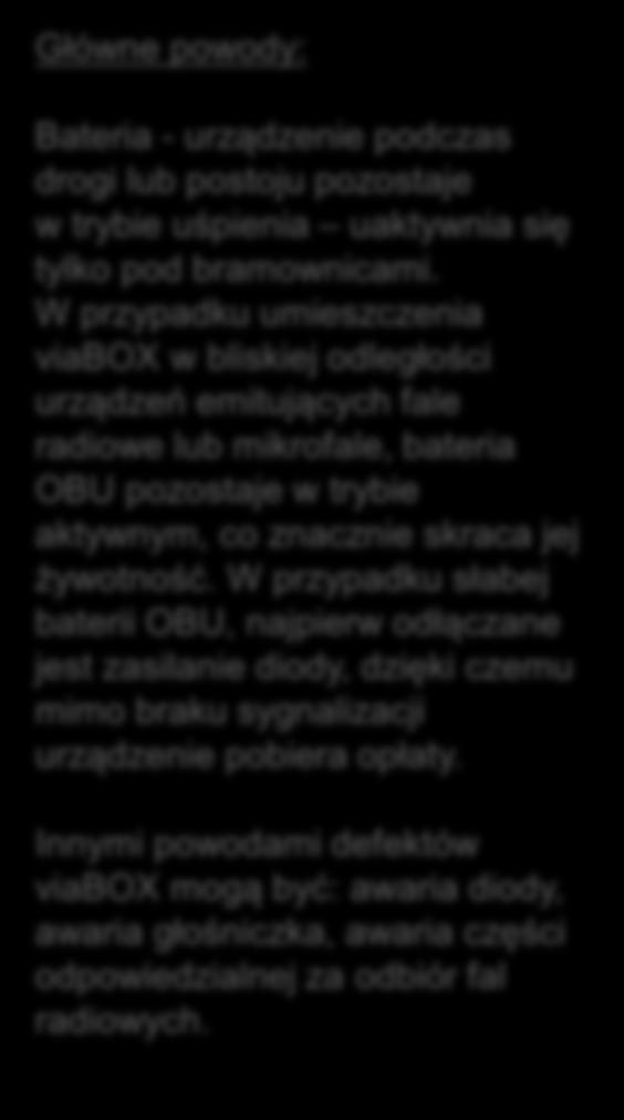 W przypadku umieszczenia viabox w bliskiej odległości urządzeń emitujących fale radiowe lub mikrofale, bateria OBU pozostaje w trybie aktywnym, co znacznie skraca jej żywotność.