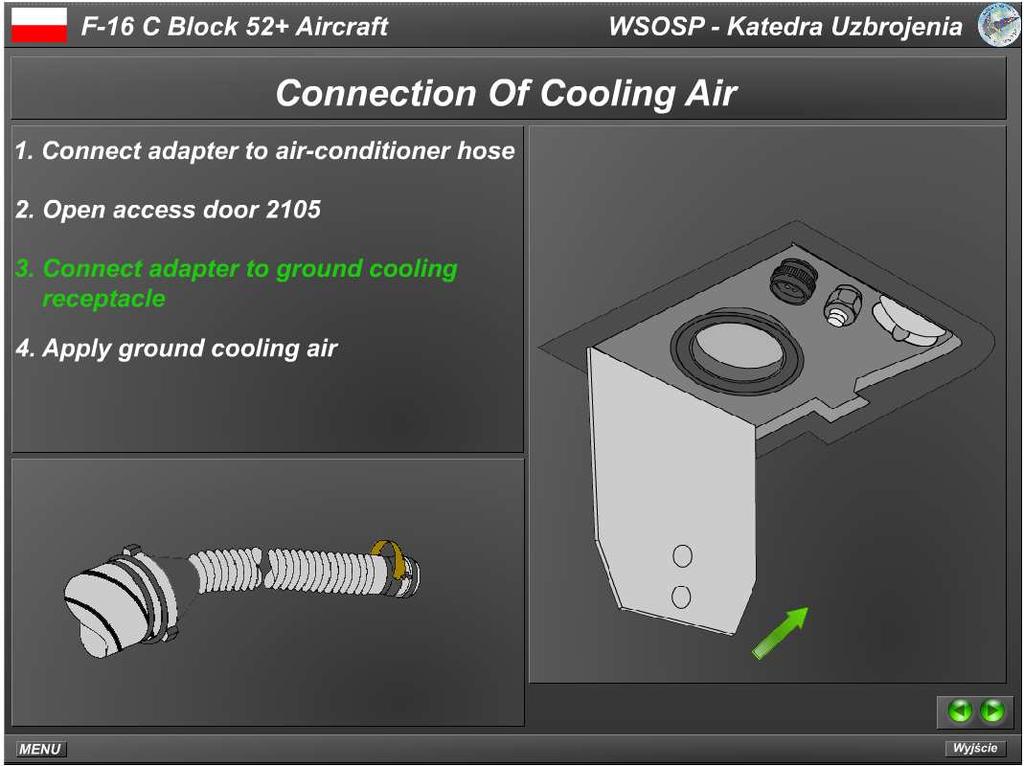 F-16 VIRTUAL COCKPIT PROJECT OF 1289 Fig.2.8. Few next steps of the General Maintenance Procedures [3] Clicking on MENU button in green box ends the procedure and displays application submenu window (fig.