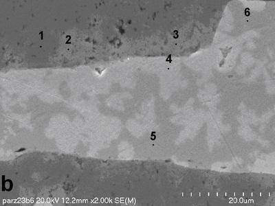B 8. 7. Fig. 46. Obraz skaningowy sfalerytu (ciemnoszary) i prawdopodobnie cienkiej warstwy galeny na powierzchni sfalerytu (jasnoszary), obszar pomiarowy B (Fig.