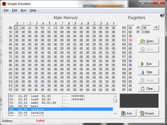 16 rejestrów 0 Licznik programowy PC:=0 256 komórek pamięci głównej [00] [] ejestr rozkazów [01]=