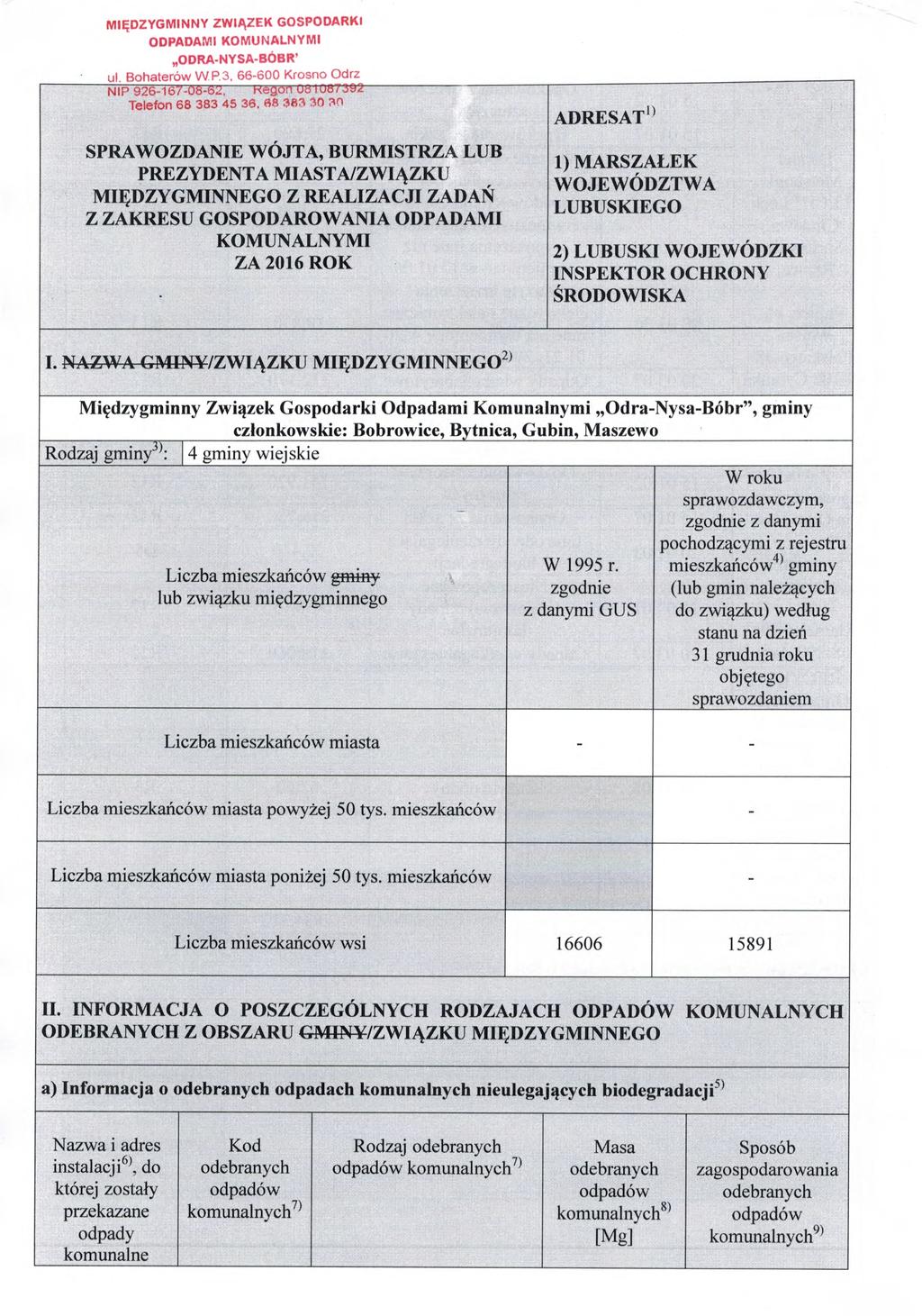 MI Ę DZYGMINNY ZWI ĄZEK GOSPODARKA ODPADAMI KOMUNALNYMI ODRA-NYSA-BÓBR' d Rnhaterńw W P 3 66-600 Krosno Odrz NIP 926-16 Telefon 68 383 45 36, 6g W4 3() 3n SPRAWOZDANIE WÓJTA, BURMISTRZA LUB