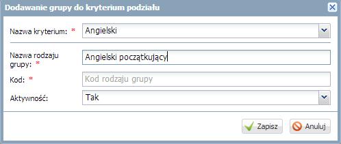 20 Materiały dla uczestnika szkolenia Ćwiczenie 1. Dodawanie nowej pozycji słownika Rodzaje grup Przypuśćmy, że dla wybranego oddziału zastosujemy grupa Angielski.