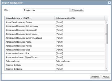 W oknie Wybierz plik do przekazania odszukaj zapisany na dysku komputera plik CSV, zaznacz go i kliknij przycisk Otwórz. W oknie Import kandydatów wybierz kodowanie-windows-1250. Kliknij Importuj.