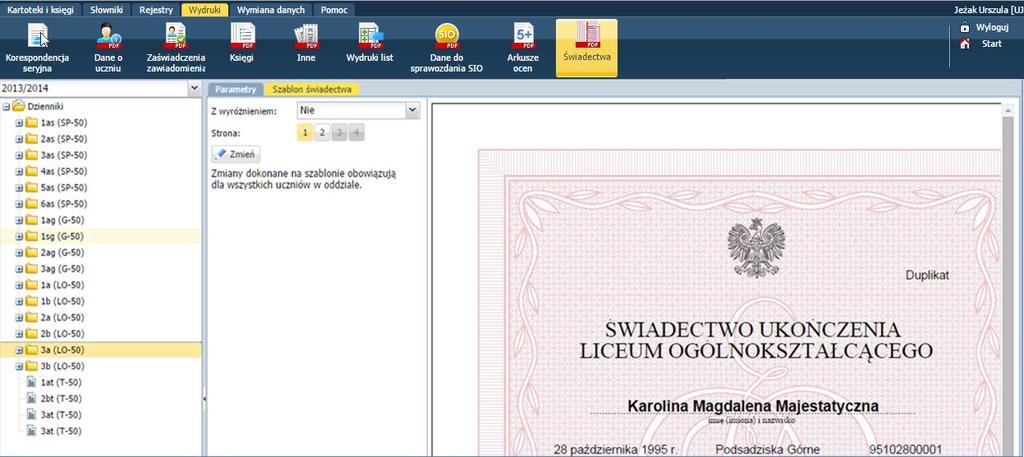 Polecamy korzystanie z przeglądarek Internet Explorer 10 (IE 10) oraz Mozilla Firefox. Sekretarz ma możliwość przygotowania szablonu świadectwa dla całego oddziału.