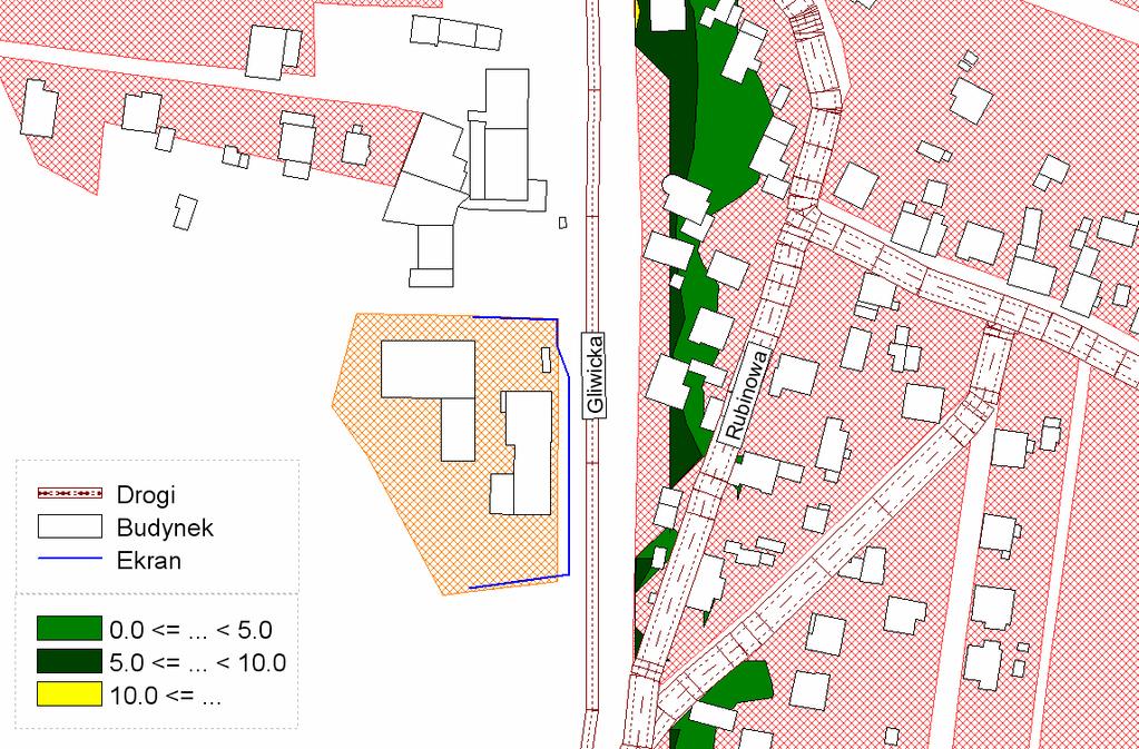Rysunek 58. Mapa przekroczeń wskaźnika L DWN rejonu Szkoły zlokalizowanej przy ul. Gliwickiej 105 siatka receptorów na wysokości 4,0 m [1] Budowa ekranu akustycznego od strony ul.