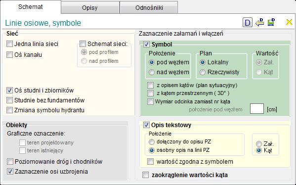 OPCJE (przy włączonym Profilu) Schemat zarządzanie liniami osiowymi i symbolami sieci (włączenie/wyłączenie) Sieć opcje umożliwiające ustalenie zawartości opisów sieci: Jedna (pojedyncza) linia sieci