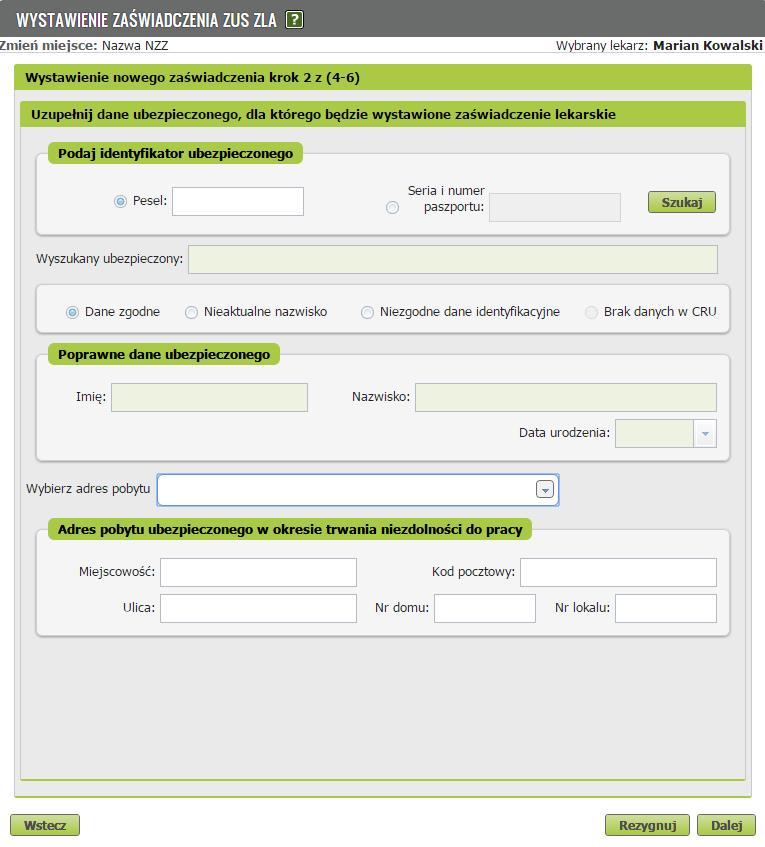 Jeżeli jednak dane pacjenta nie będą poprawne, wpisz właściwe i zaznacz odpowiednio Nieaktualne nazwisko / Niezgodne dane identyfikacyjne. Jeśli pacjent nie ma numeru PESEL (np.