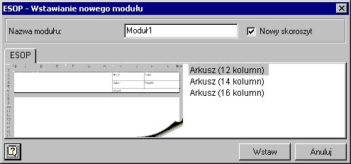 strona: 14 ESOP - Podręcznik użytkownika W programie dostępne są trzy szablony modułu, które różnią się między sobą ustawieniami (np. inną liczbą kolumn w głównej obliczeniowej części modułu).