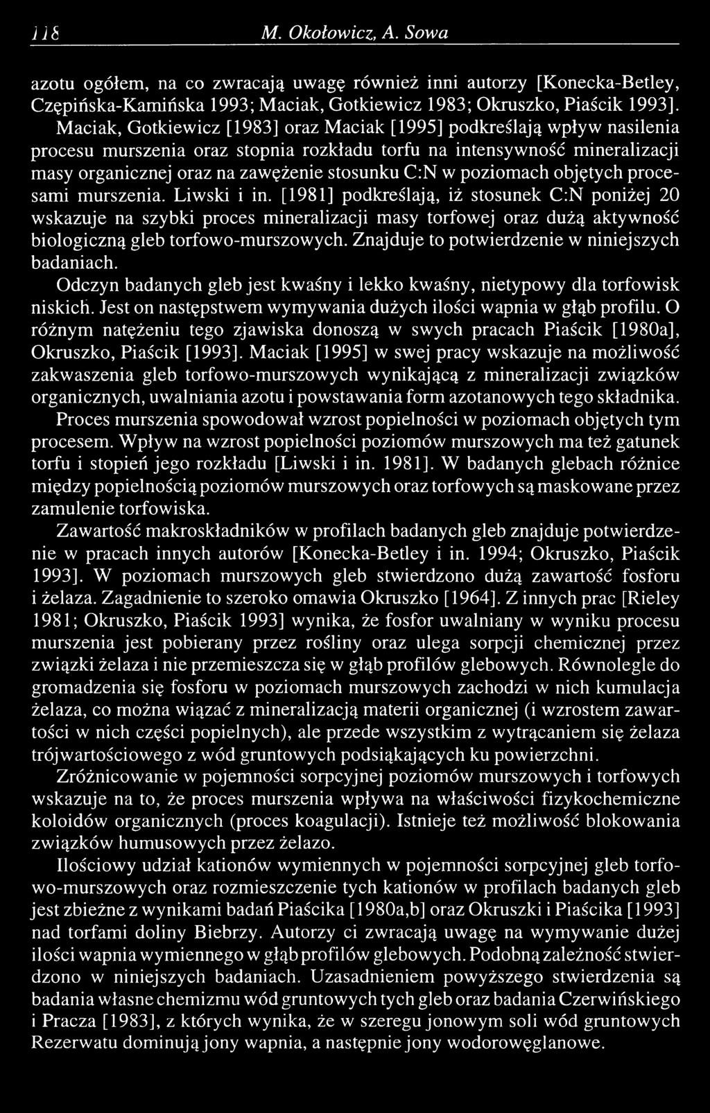 poziomach objętych procesami murszenia. Liwski i in.