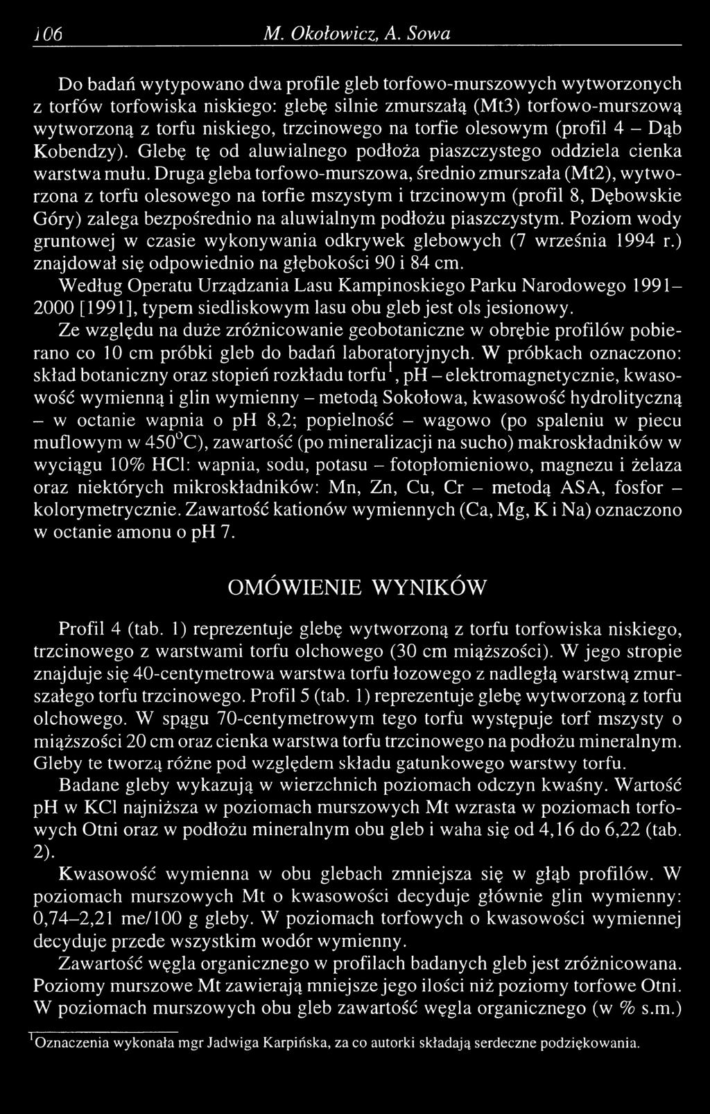 torfie olesowym (profil 4 - Dąb Kobendzy). Glebę tę od aluwialnego podłoża piaszczystego oddziela cienka warstwa mułu.