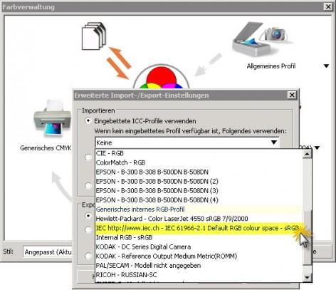 W opcji "Importuj" w punkcie "Użyj osadzonego profilu ICC" wybierz pokazany na przykładzie profil. W opcji "Eksportuj" wybierz punkt "Osadź wewnętrzny profil RGB".