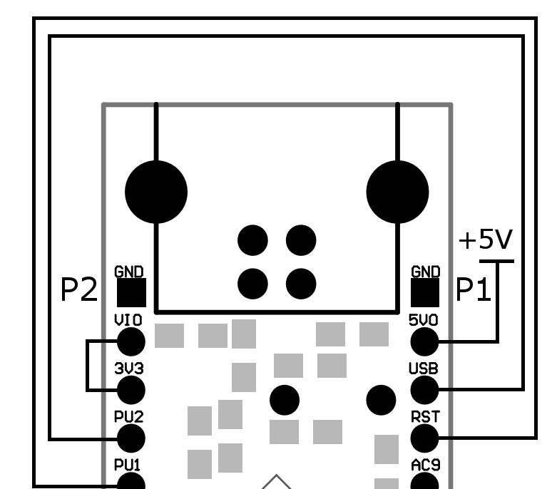 Zasilanie z zewnętrznego źródła +5V Rysunek 3 Zasilanie z zewnętrznego źródła +5V Źródło zasilania naleŝy podłączyć do pinu P1-2 (5V0).