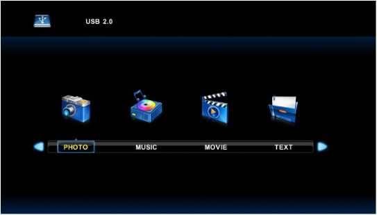 Multimedia Uwaga: aby móc skorzystać z funkcji multimediów, konieczne jest uprzednie podłączenie zewnętrznego dysku USB i wybranie źródła sygnału USB.