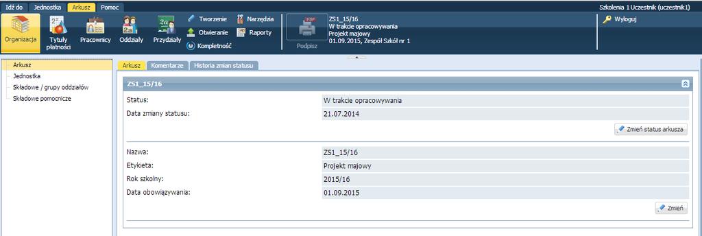 Opracowywanie arkusza organizacyjnego 31 Ćwiczenie 2. Uzupełnianie danych jednostki Przejrzymy i w razie potrzeby uzupełnimy pobrane z rejestru dane jednostki, dla której opracowywany będzie arkusz.
