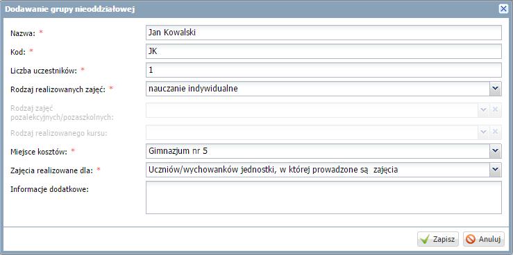 32 Materiały dla uczestnika szkolenia 1. Zdefiniuj grupę nieoddziałową o nazwie Jan Kowalski: Przejdź do widoku Arkusz/ Oddziały. W drzewie danych kliknij gałąź Grupy nieoddziałowe.