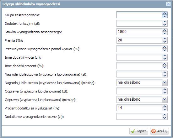 Wypełnij formularz, wprowadzając odpowiednie dane: datę (-y) obowiązywania, stanowisko, wymiar etatu wg umowy, zadnie, rozdział klasyfikacji budżetowej, źródło finansowania i miejsce kosztów: 5.