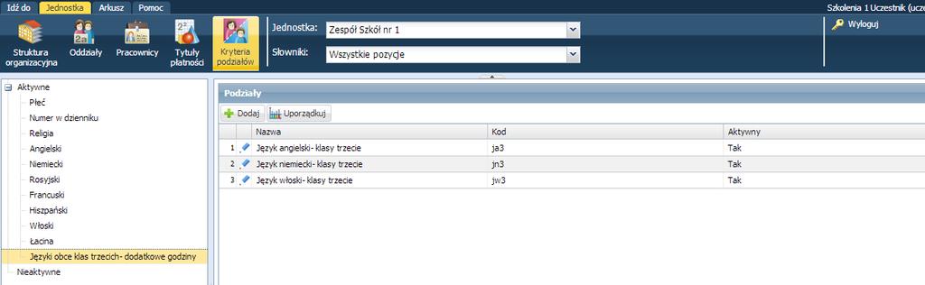 56 Materiały dla uczestnika szkolenia Kliknij przycisk Zapisz. 2. Zdefiniuj podziały w ramach dodanego kryterium. Wybierz kryterium w drzewie danych.