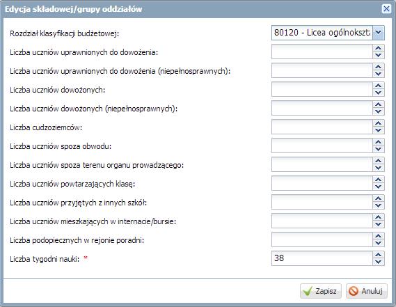 - W oknie Edycja składowej/ grupy oddziałów wprowadź za pomocą listy rozwijalnej rozdział klasyfikacji budżetowej.