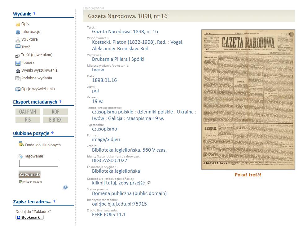 Propozycja Jagiellońskiej Biblioteki Cyfrowej przykłady Uszczegółowienie