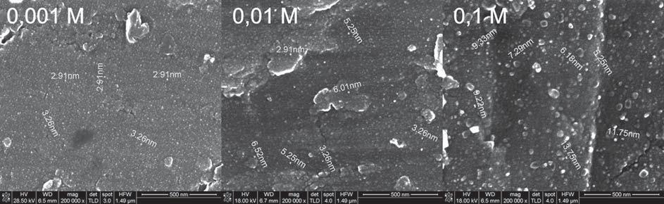 SEM images of the titanium surface covered with QDs-PbS at 15 cycles as a result of deposition from methanol solutions of indicated concentration. Rys. 6.
