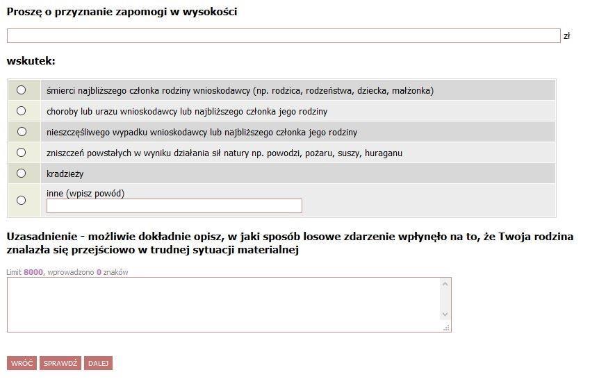 EKRAN 3 POWODY UBIEGANIA SIĘ O ZAPOMOGĘ Podaj powód