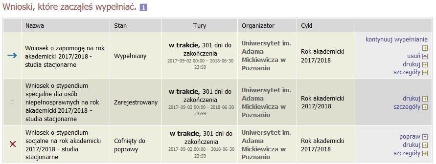 Rysunek 4 Przy każdym wniosku widoczna jest lista czynności, które możesz w danym momencie wykonać, np.