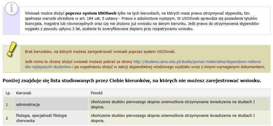 Jeżeli posiadasz takie uprawnienia, pojawi się ekran, na którym musisz wybrać kierunek, w ramach którego będziesz składał wniosek