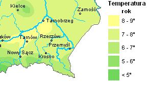 zimą oraz dłuższym i ciepłym latem, roczna suma opadów na poziomie 650-700 mm, najniższa w województwie podkarpackim,