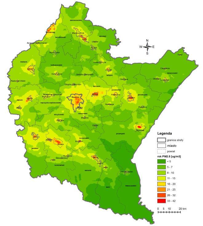 Rysunek 14. Rozkład stężeń średniorocznych pyłu PM2.5 w województwie podkarpackim w roku 2014 (WIOŚ) Rysunek 15.