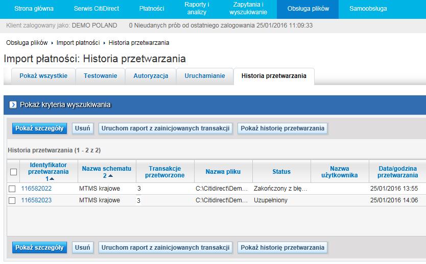 W historii przetwarzania zobaczysz raport z przebiegu importu, który przed chwilą został uruchomiony. Każdy przebieg ma Status określający, czy import trwa, czy się skończył i czy wystąpiły błędy.