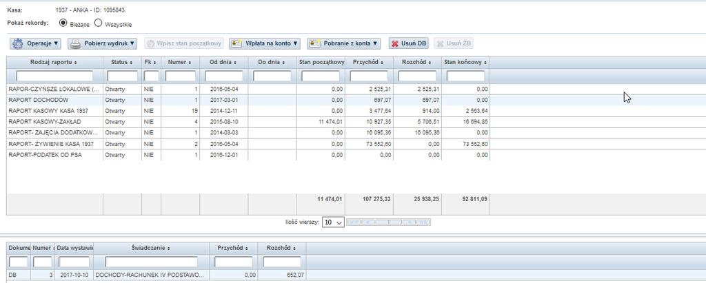 Wpłatę z raportu można również anulować za pomocą przycisku usuń DB po jego usunięciu stan raportów zostanie ponownie przeliczony.