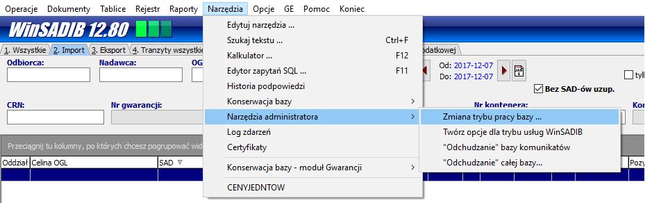 Zmiana trybu pracy bazy arametr -d odwołuje się do pliku XML, w którym zawarte są