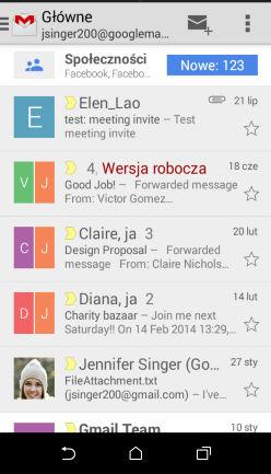 131 E-mail E-mail Gmail Przeglądanie skrzynki odbiorczej poczty Gmail Wszystkie otrzymywane wiadomości e-mail dostarczane są do skrzynki odbiorczej. 1. Otwórz aplikację Gmail. 2.