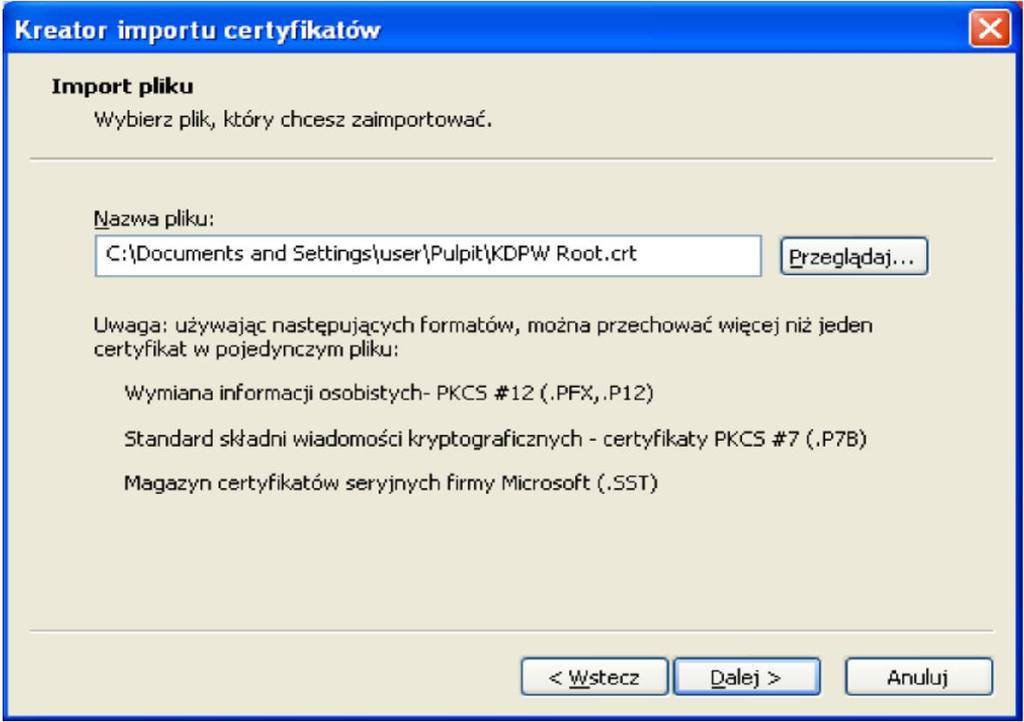 8. W następnym oknie naciśnij przycisk Przeglądaj i wskaż plik z certyfikatem zapisanym w punkcie 1.