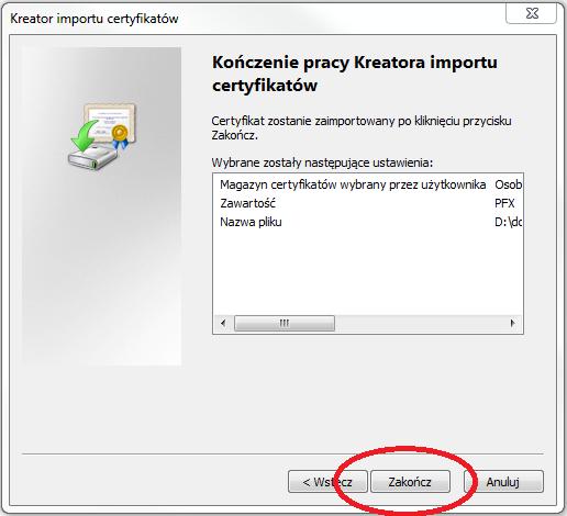 8. Po wybraniu Dalej zostanie wyświetlone podsumowanie wcześniej wybranych opcji.