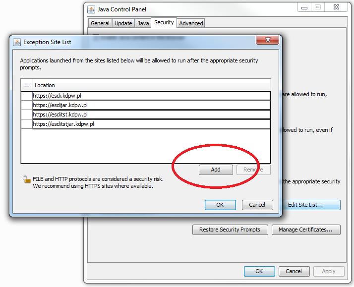 3. W wyświetlonym oknie Exception Site List należy wprowadzić adresy witryn ESDI/Web, poprzez dodanie ich przyciskiem Add.