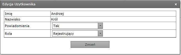 Role użytkowników: Rys. 63 Administrator może przypisywać użytkowników z danej jednostki organizacyjnej do roli Przeglądający lub Rejestrujący.