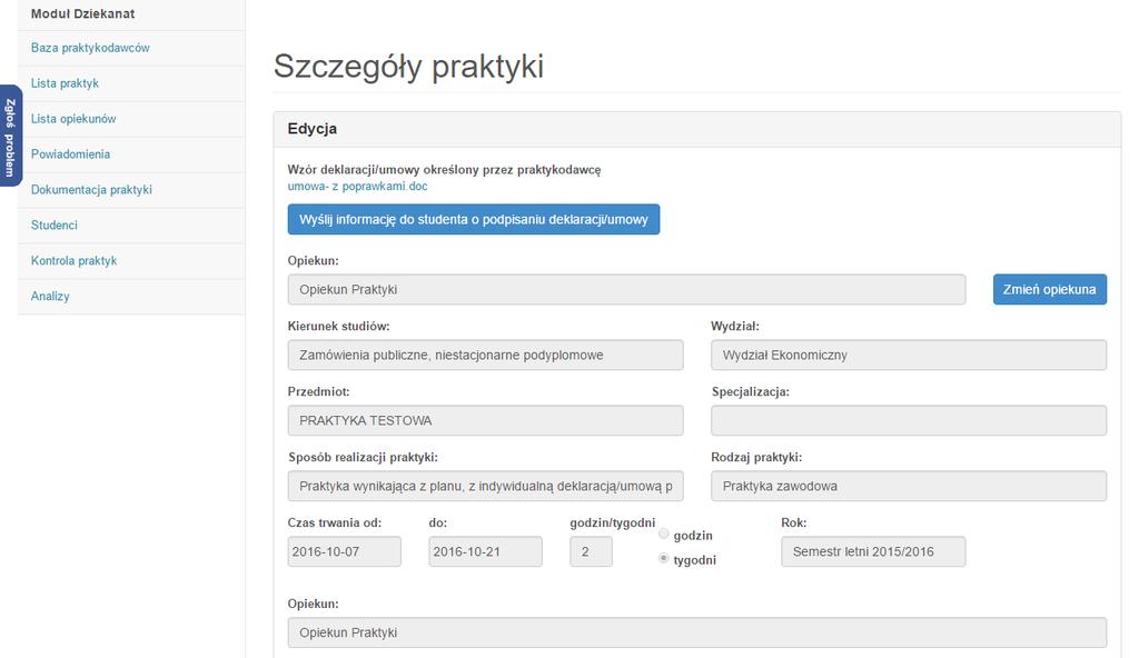 Po wysłaniu informacji do studenta w systemie pojawi się komunikat zawierający datę i godzinę, stanowi