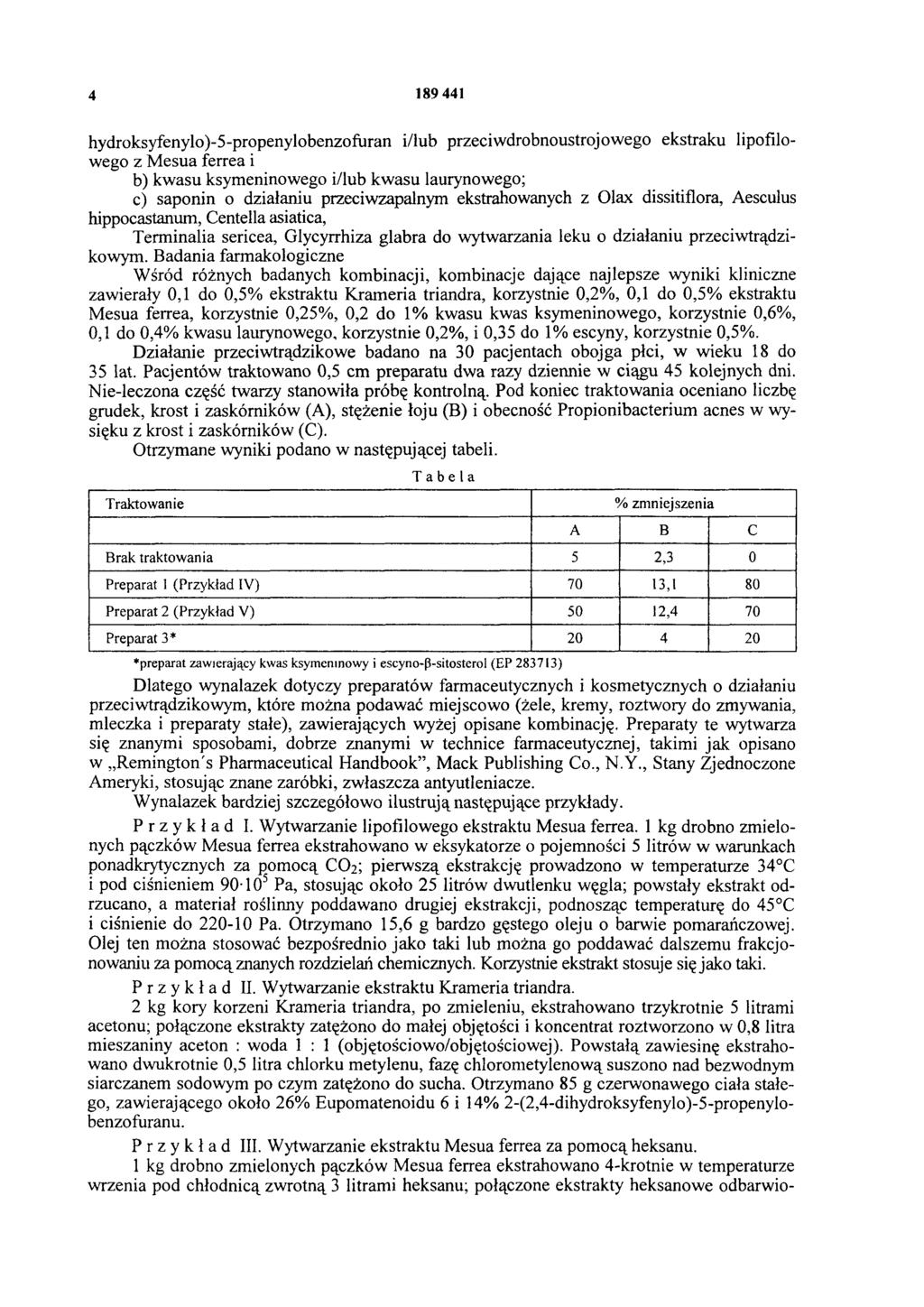 4 189 441 hydroksyfenylo)-5-propenylobenzofuran i/lub przeciwdrobnoustrojowego ekstraku lipofilowego z Mesua ferrea i b) kwasu ksymeninowego i/lub kwasu laurynowego; c) saponin o działaniu