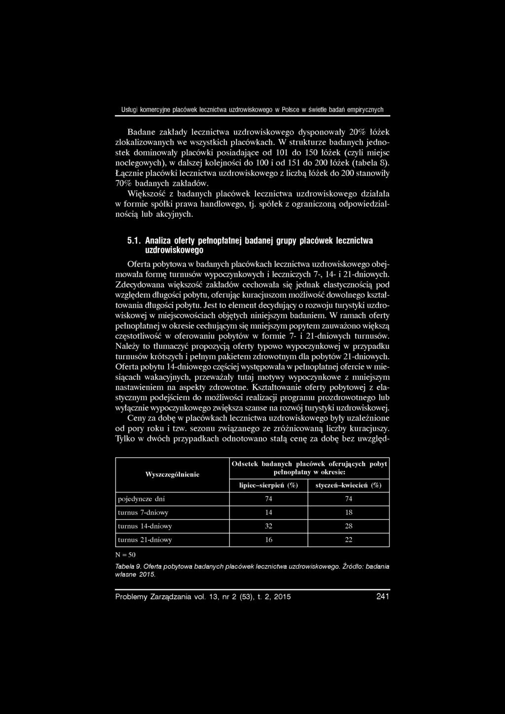 Usługi komercyjne placówek uzdrowiskowego w Polsce w świetle badań empirycznych Badane zakłady uzdrowiskowego dysponowały 20% łóżek zlokalizowanych we wszystkich placówkach.