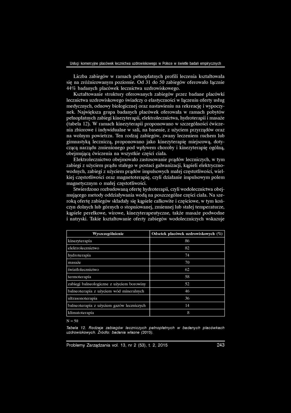 Kształtowanie struktury oferowanych zabiegów przez badane placówki uzdrowiskowego świadczy o elastyczności w łączeniu oferty usług medycznych, odnowy biologicznej oraz nastawieniu na rekreację i