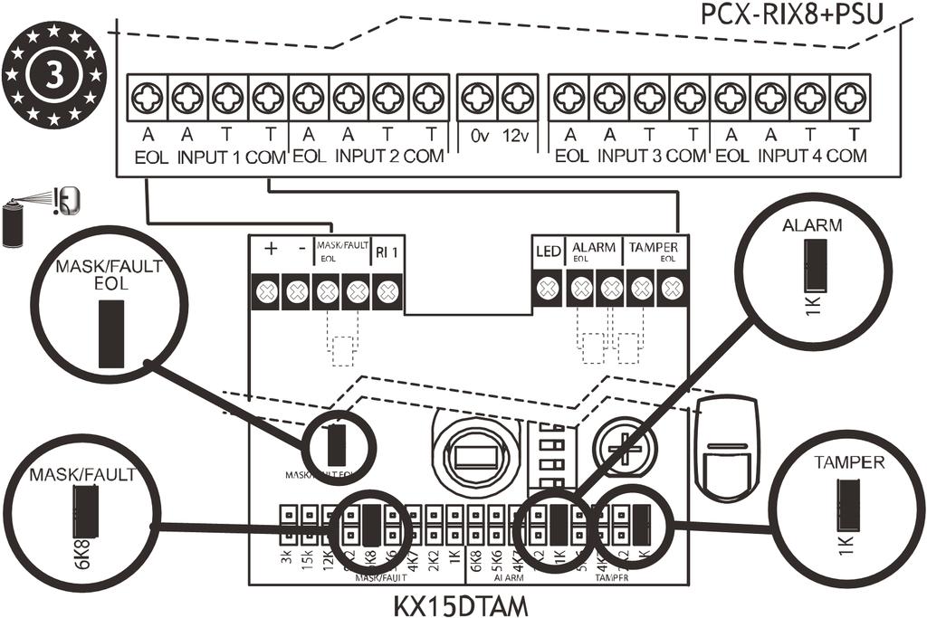 7.3.7 Wejścia przewodowe PCX-RIX8+PSU (DEOL: Stopień 3) PCX-RIX8+PSU KX15DTAM Rezystancja wejściowa Zakres DEOL 1k / 1k Zakres DEOL 4k7 / 2k2 Zakres DEOL 4k7 / 4k7 Normalnie 0k5 do 1k4 1k4 do 2k9 3k7